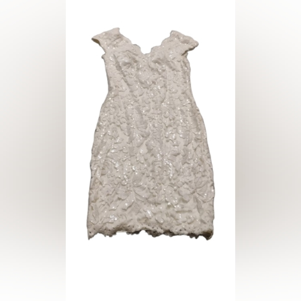 Tadashi Shoji Women's White Sequined Scalloped Bodycon Cocktail Dress Sz 8